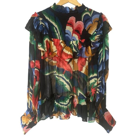 Farm Rio Chevron Forest Black Blouse Size Small Boho Festival Floral Statement - Picture 5 of 12